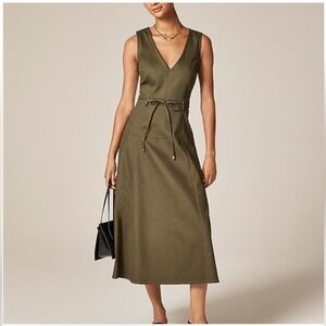 J Crew Dress Twill Tie Waist Olive Green Sleeveless V-neck Women’s Size 18